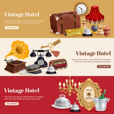 Three colored vintage hotel horizontal banner set with attributes and read more buttons vector illustration