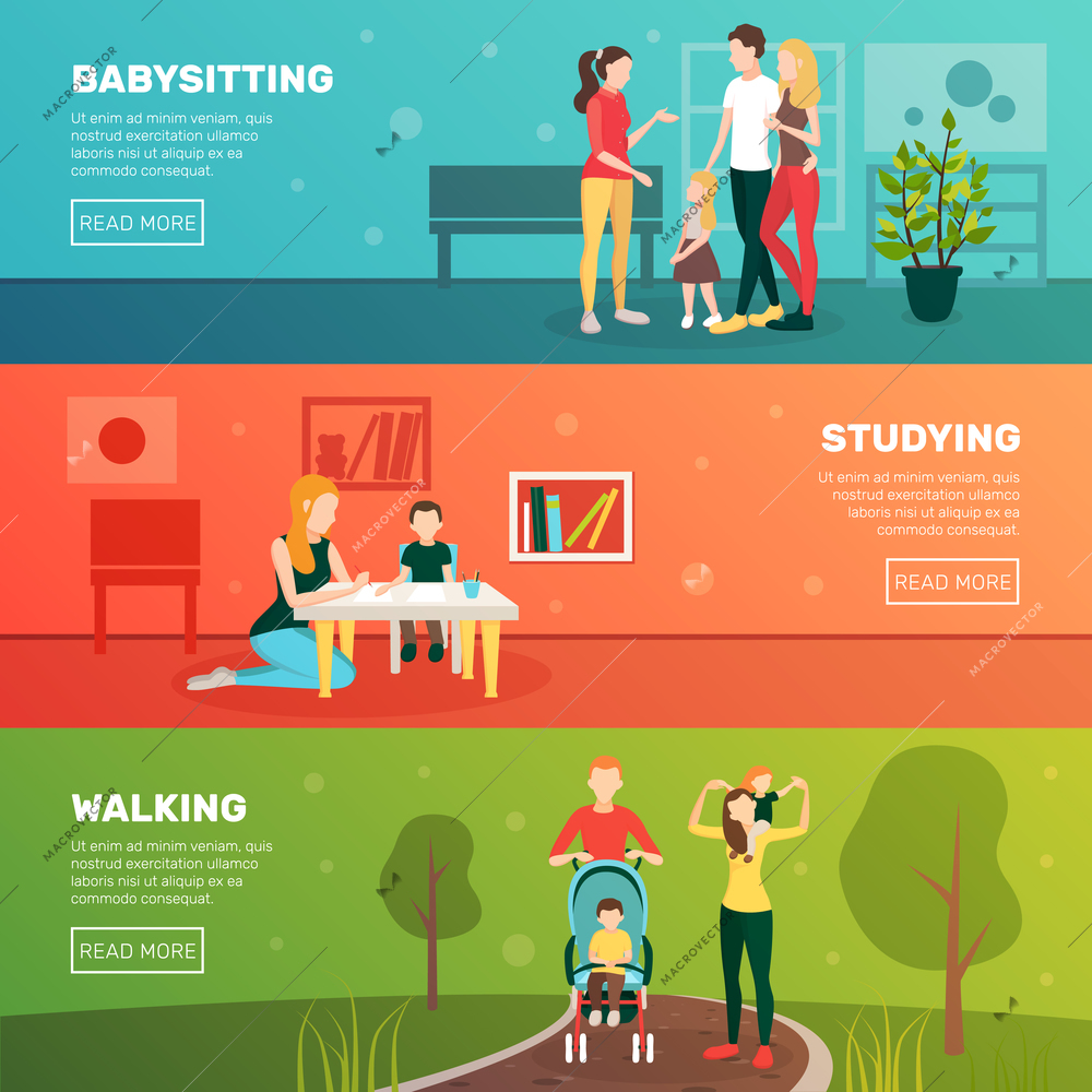 Babysitters people flat horizontal banners set with family human characters parents and children with read more button vector illustration