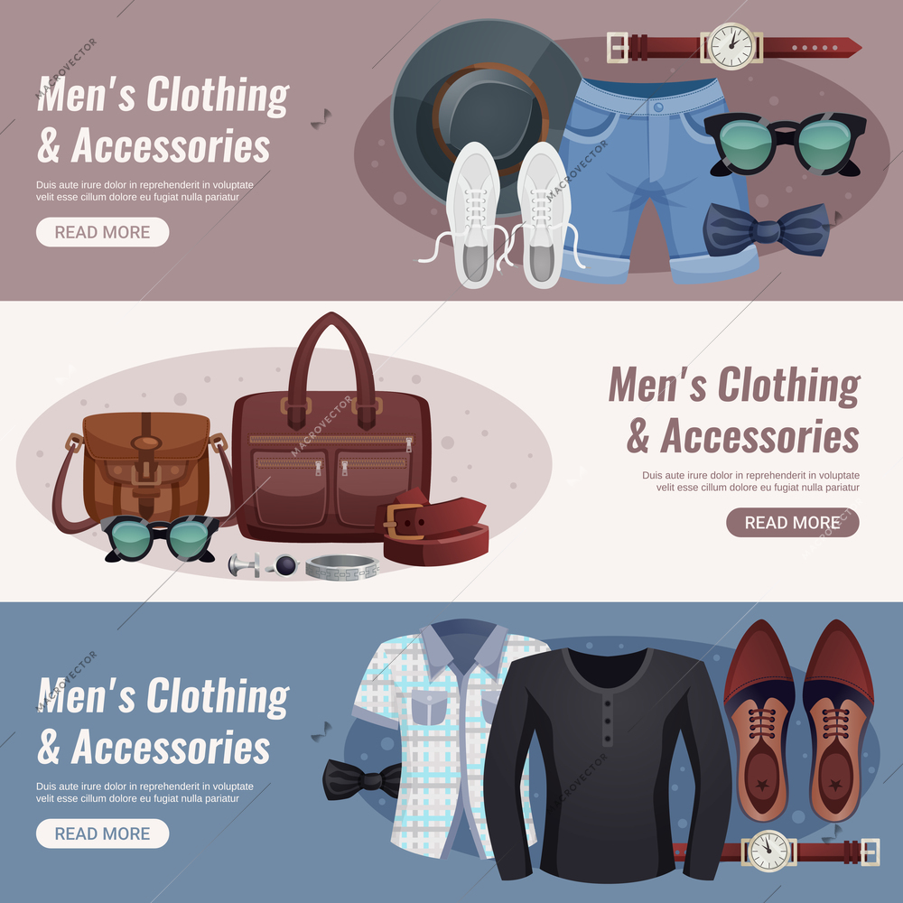 Three colored men accessories horizontal banner set with men s clothing and accessories headline vector illustration