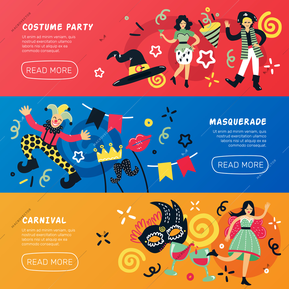 Costume party doodle banners collection with drawn style people characters decorations text and read more button vector illustration