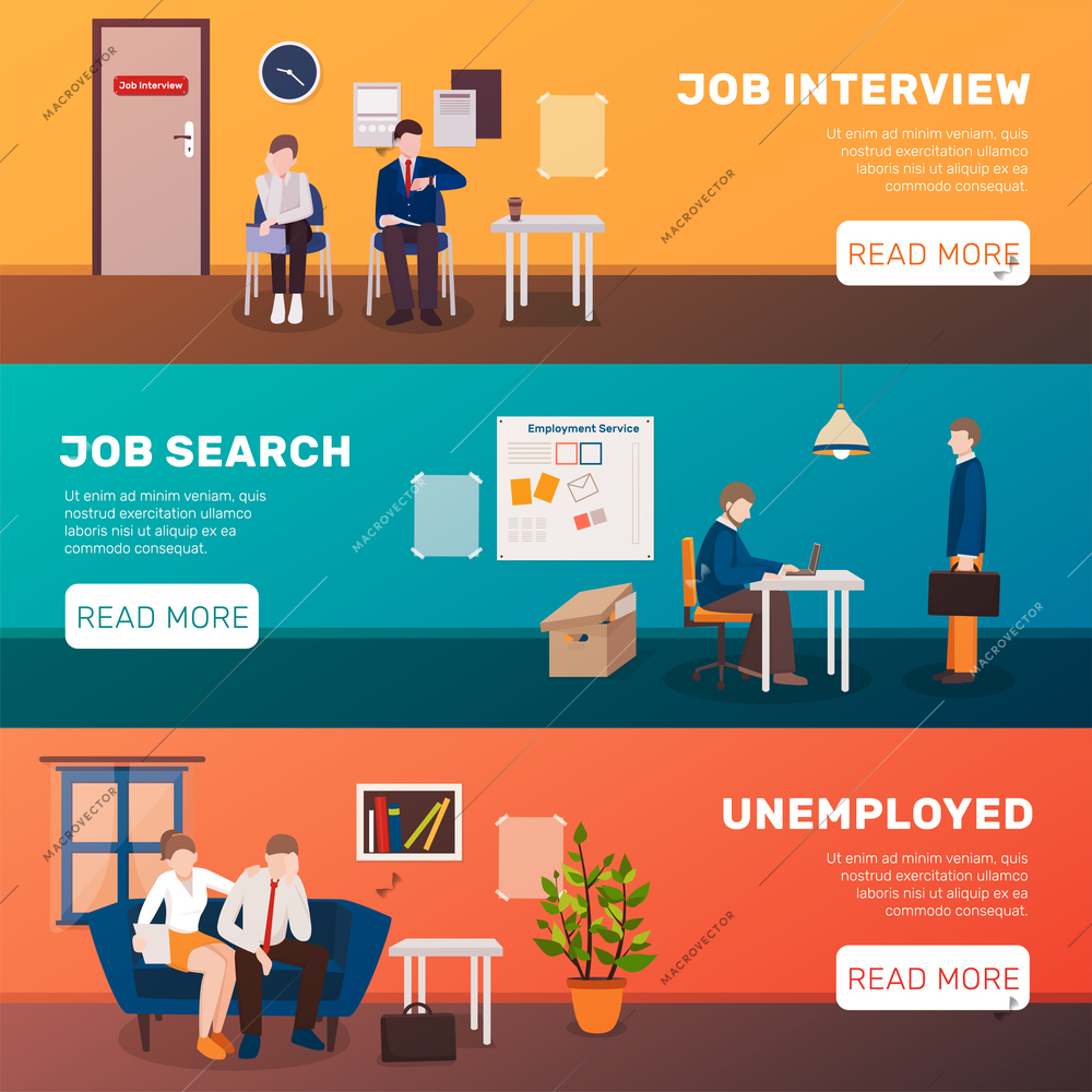 Unemployed people three flat banners set with image compositions editable text title and read more button vector illustration