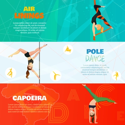 Set of horizontal banners with aerial silks, pole dance and capoeira on bright backgrounds isolated vector illustration