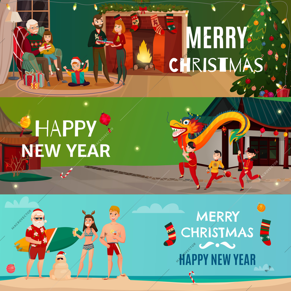 Set of horizontal banners with chinese new year, family christmas holiday, santa on beach isolated vector illustration