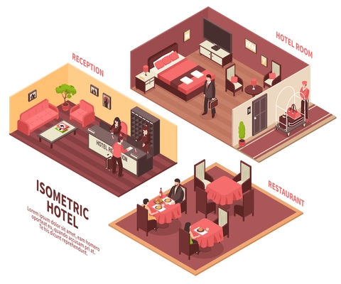 Colored isometric hotel illustration with three rooms reception hotel room and restaurant vector illustration