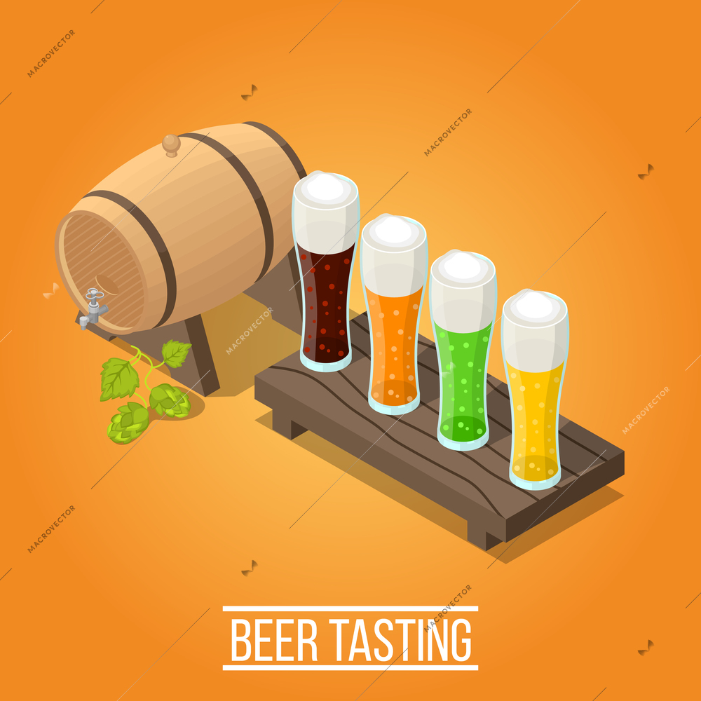 Isometric bright orange brewery background with wooden barrel and glasses full of fresh colorful beer 3d vector illustration