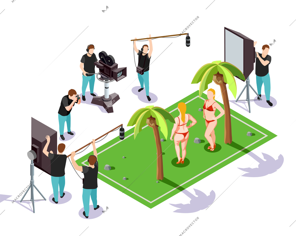 Cinematograph isometric composition with group of operators shooting two women in bikini on background with palms 3d vector illustration