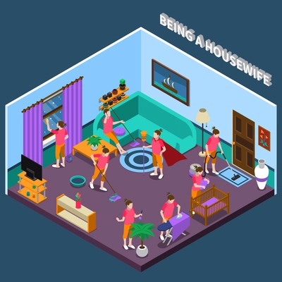 Housewife during work including washing floor and window, ironing linen and child care isometric composition vector illustration