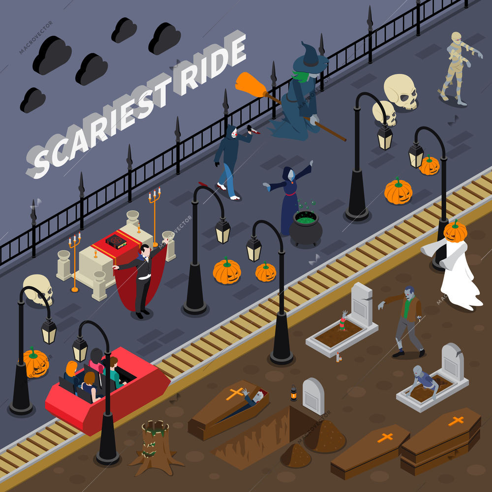 Isometric and colored monster halloween composition with attraction traveling along creepy cemetery