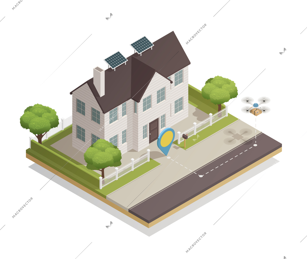 Smart city technology isometric composition with townhouse sun battery panels and drone parcel delivery moment vector illustration