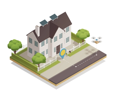 Smart city technology isometric composition with townhouse sun battery panels and drone parcel delivery moment vector illustration