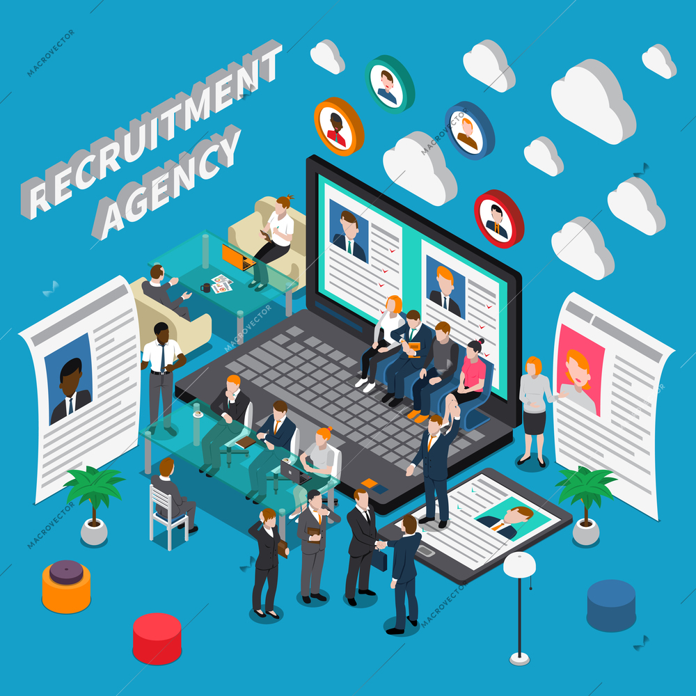 Isometric colored recruitment hiring HR management people composition with recruitment agency description vector illustration