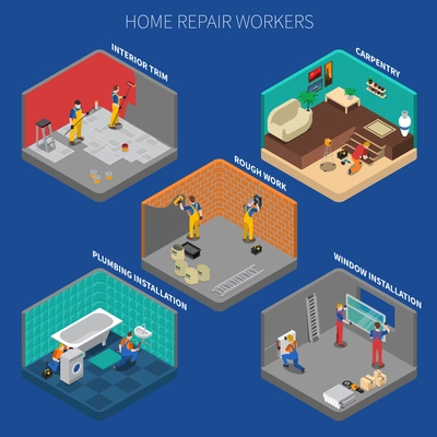 Home repair worker people composition set with five isolated elements about carpentry rough work interior trim and other descriptions vector illustration