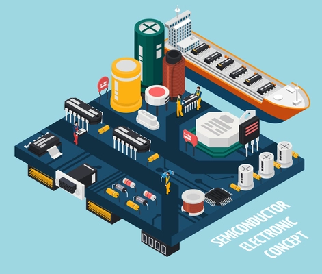 Colored semiconductor electronic components isometric seaport composition with floats by the sea vector illustration