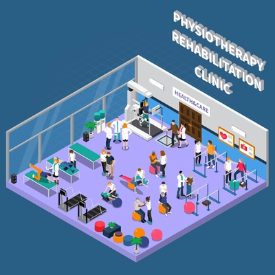 Isometric physiotherapy rehabilitation clinic interior composition with room for training and patient recovery vector illustration