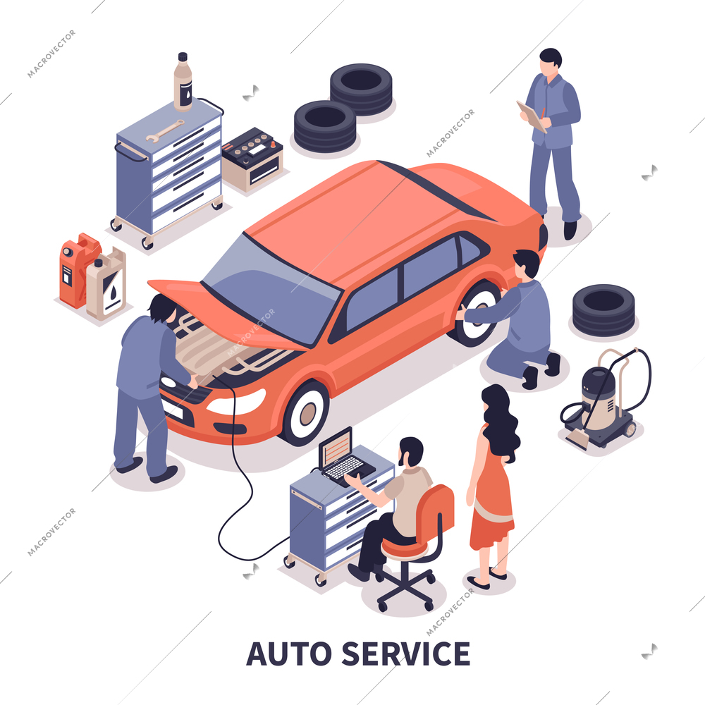 Auto service center workers fixing car and changing tyres on white background 3d isometric vector illustration