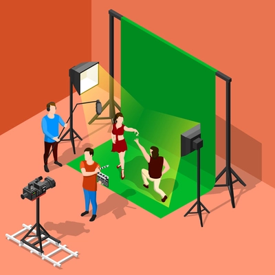 Isometric film set background with studio stage booth chroma key actors and shooting crew human characters vector illustration