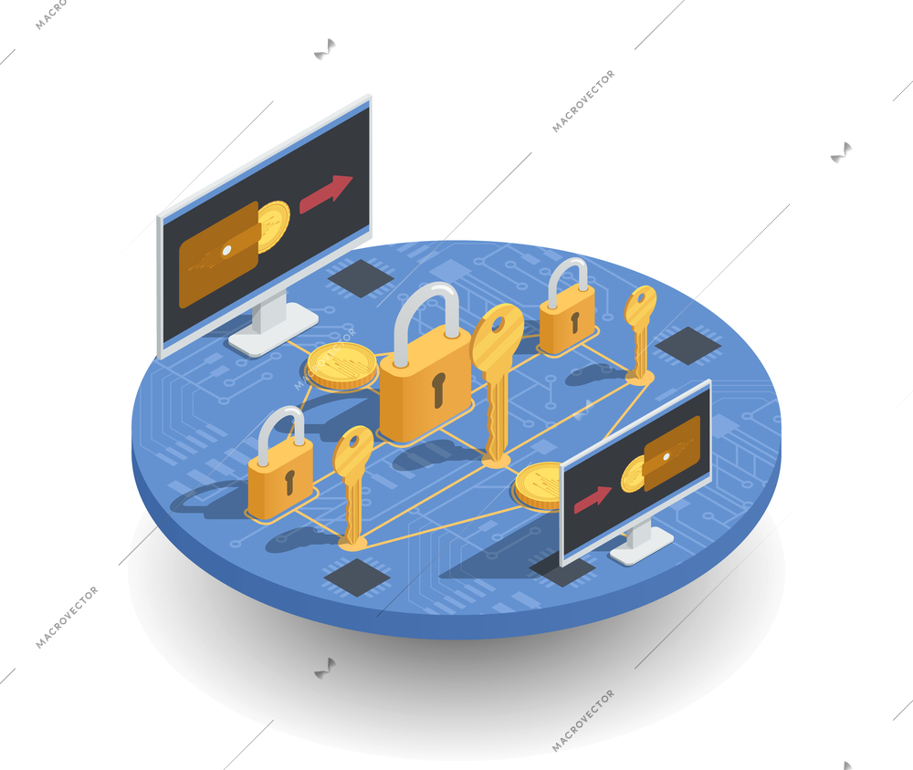 Cryptocurrency investments and earnings isometric concept with wallet on screens, transaction security on round platform vector illustration