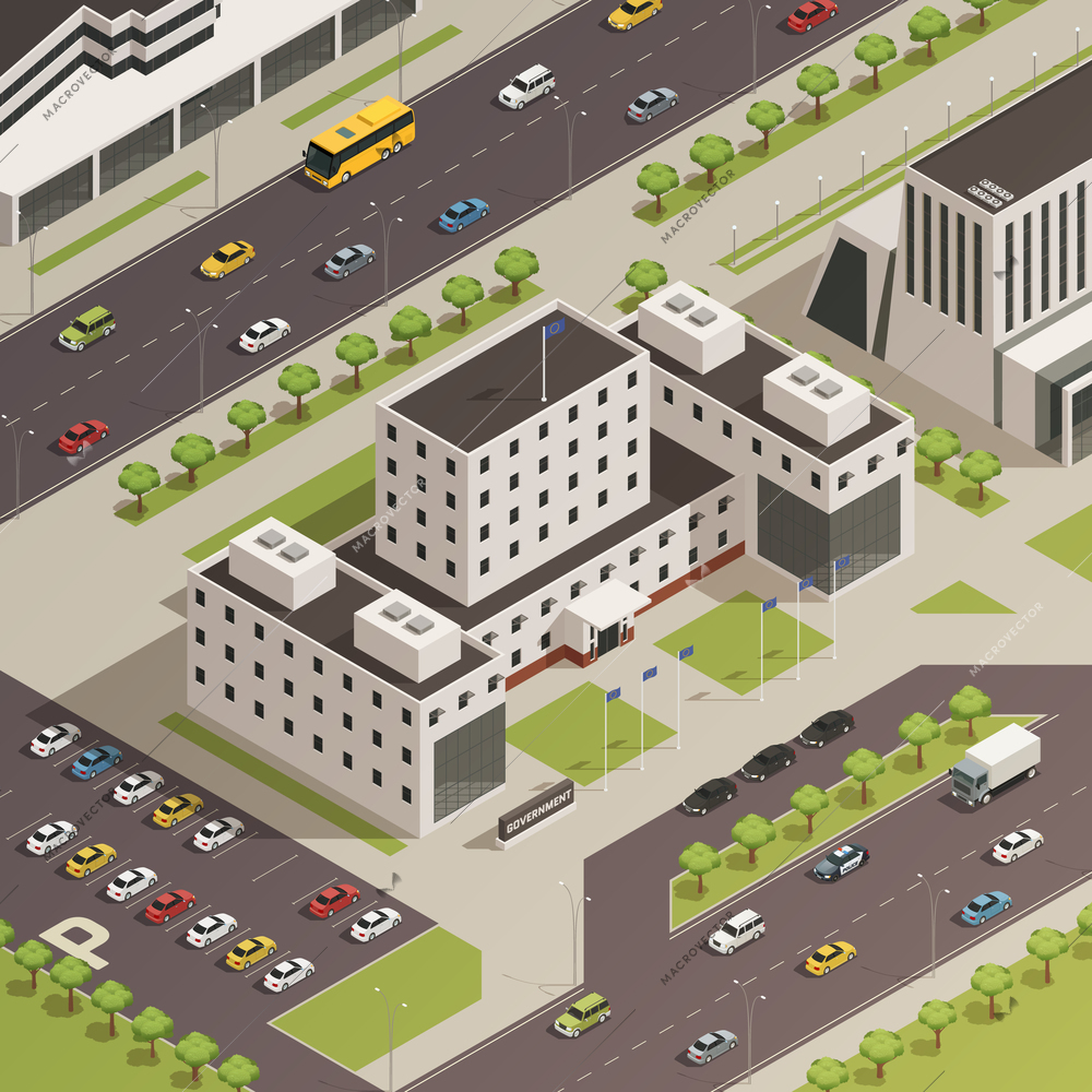 Modern government building compound and surrounding area with trees grass streets and parking lot isometric composition vector illustration