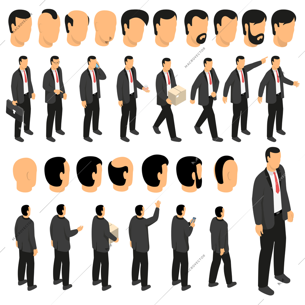 Businessman character creation set with  man figurines in suit and tie and front side back views of male hairstyle isolated vector illustration