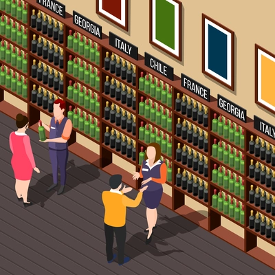 Isometric wine shop composition with alcoholic store interior shelves with bottles assistants and customers human characters vector illustration