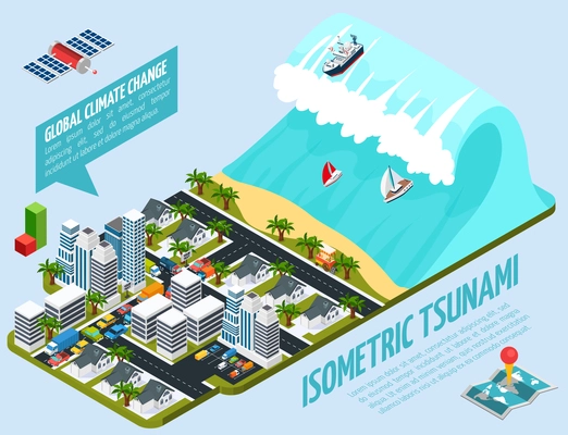 Global warming isometric composition with tsunami, city on seashore, satellite, world map on blue background vector illustration