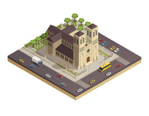 Classic christian cathedral church building in city center with adjacent busy streets isometric composition vector illustration