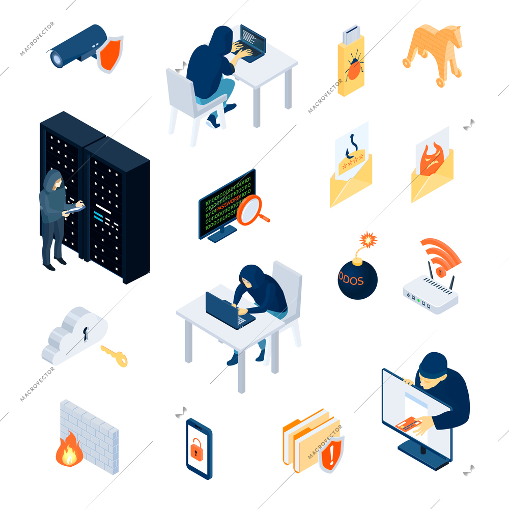 Hacker set of isometric icons with personal data protection, firewall, phishing, email with spams isolated vector illustration