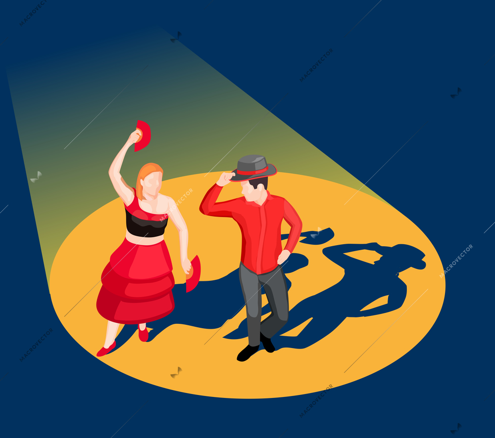 People in bright costumes dancing flamenco on stage in spotlight 3d isometric vector illustration