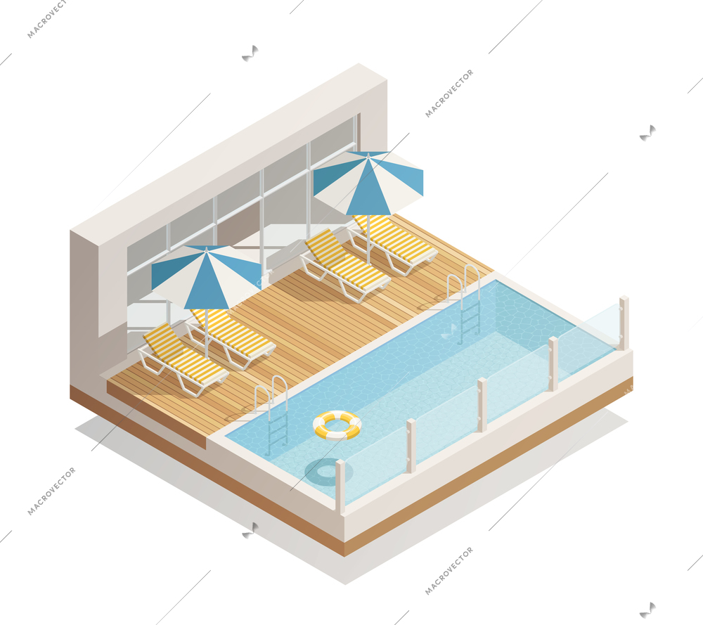 Outdoor swimming pool in recreation facility with parasol umbrellas beach lounge chairs and lifebuoy isometric composition vector illustration