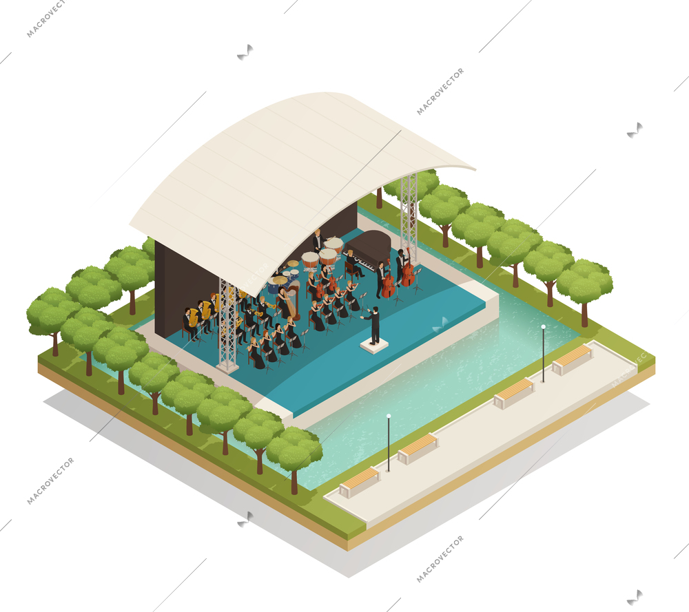 Isometric composition with big orchestra of men and women playing musical instruments on stage outdoors 3d vector illustration