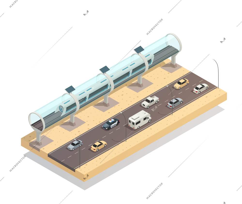 Isometric composition with train moving in new tunnel near highway on white background 3d vector illustration