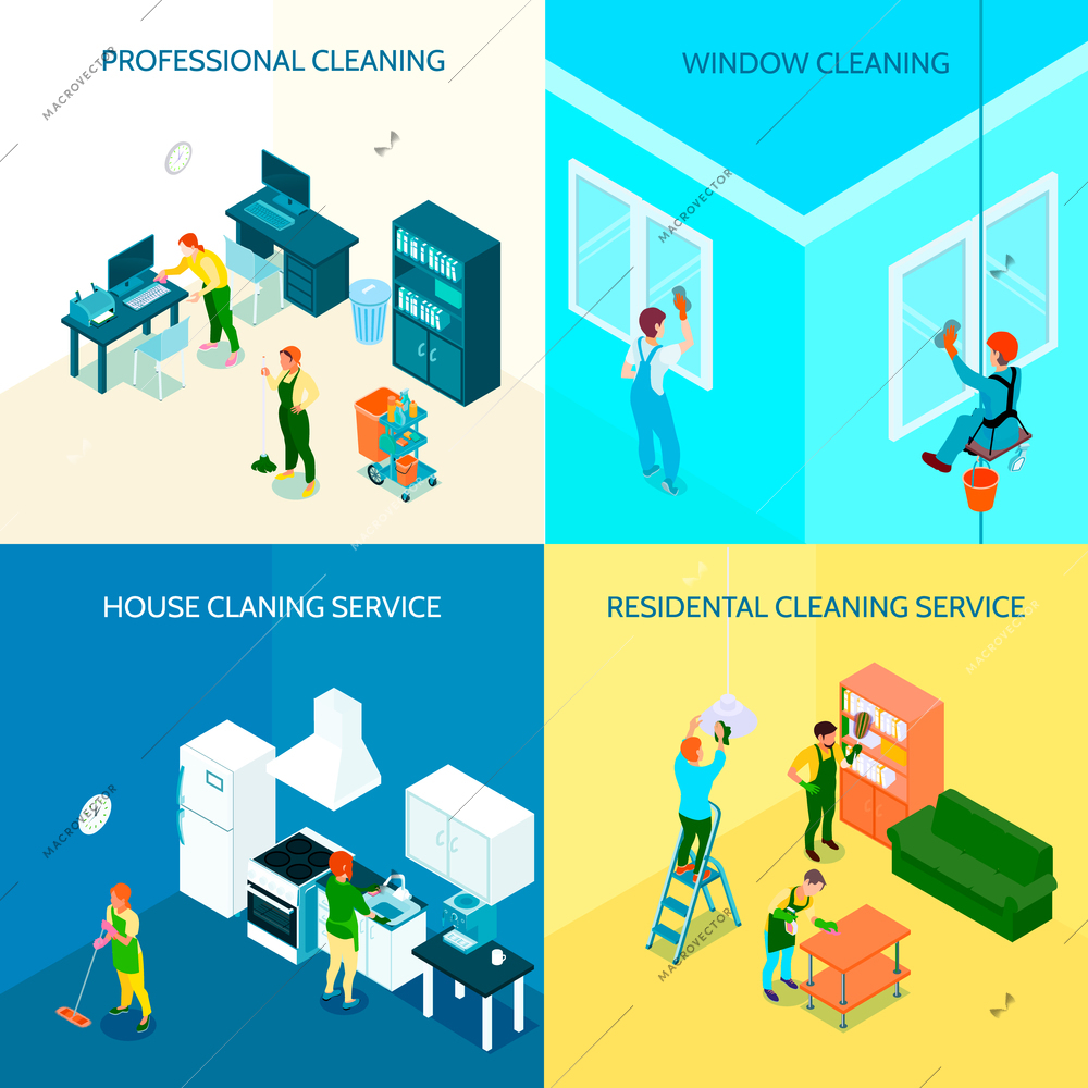 Isometric design concept with professional cleaning service for offices and residential houses, windows maintenance isolated vector illustration