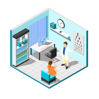 Isometric ophthalmologist composition with medical examination room interior with furniture patient and eye specialist human characters vector illustration