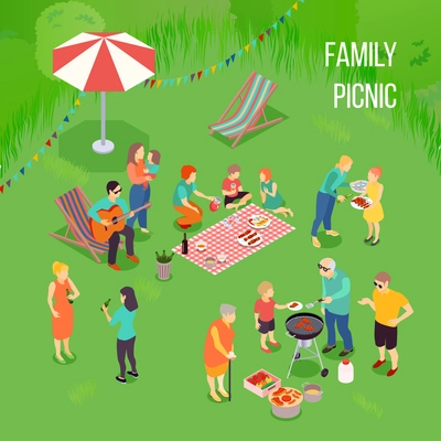 Family picnic with kids and adults, grill equipment, food on blanket on green background isometric vector illustration