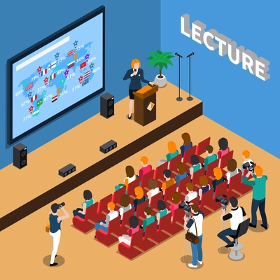 Lecture isometric composition with orator near tribune, people in auditorium, screen and loudspeakers, photo reporters vector illustration