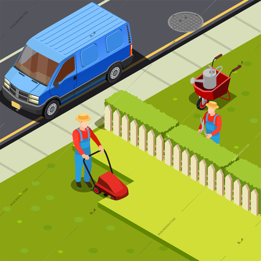 Gardener isometric composition with minivan car and two gardener figures with cutter scissors and grass mower vector illustration