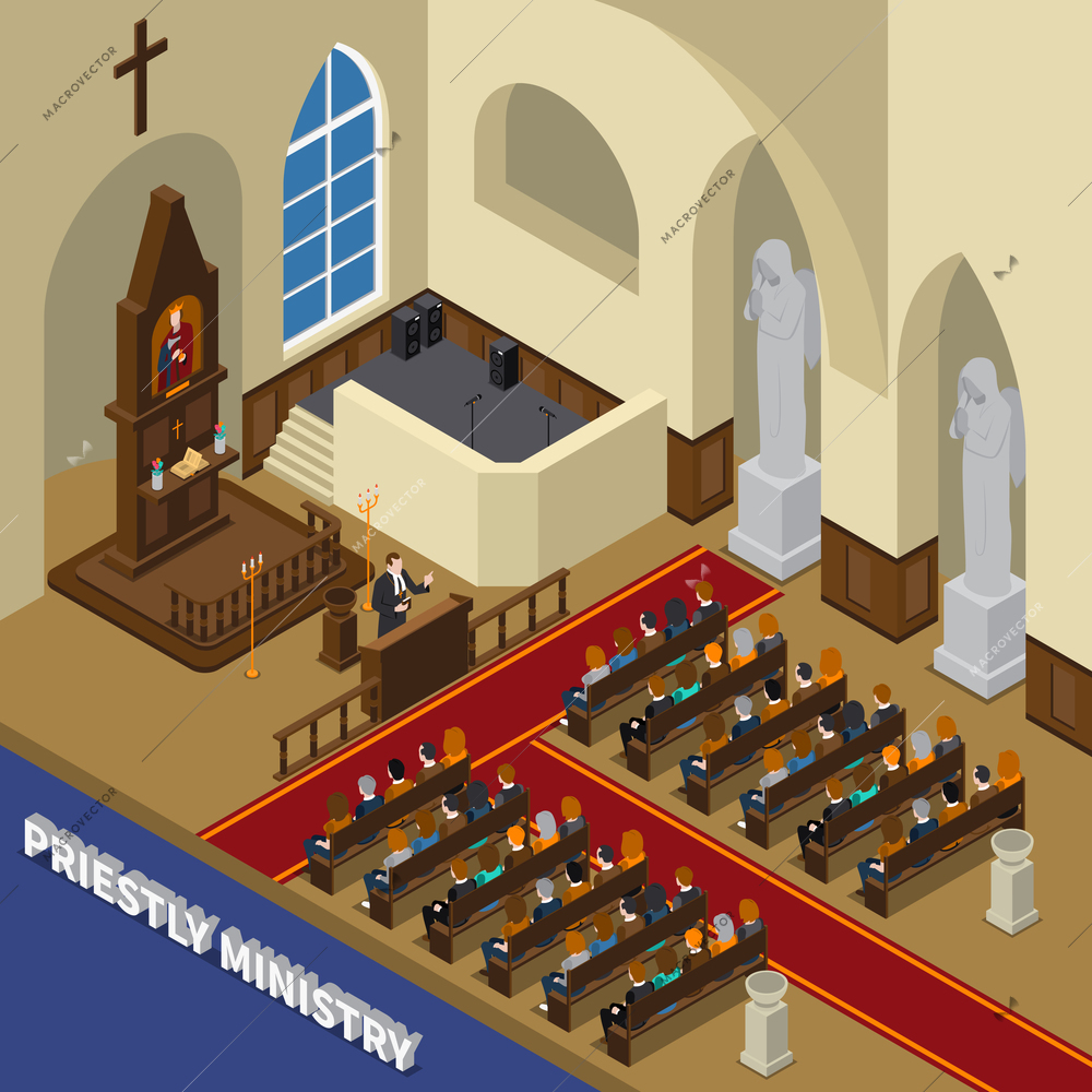 Priestly ministry isometric composition with pastor, sitting people believers, interior elements inside church 3d vector illustration