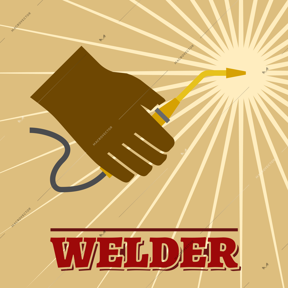 Welder industry retro poster with welding machine and spark vector illustration.