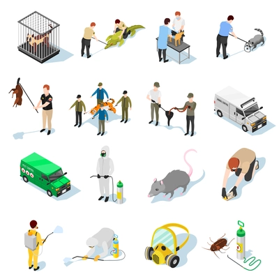 Pest control isometric icons set of animals insects and people used in catching and destruction of parasites vector illustration