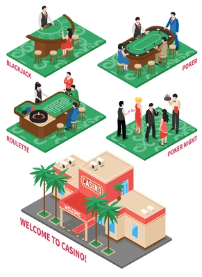 Set of isometric compositions on  casino theme with black jack roulette poker night  isolated elements vector illustration