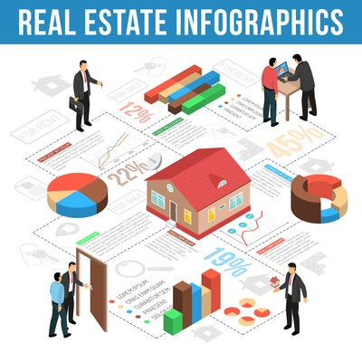 Real estate agency infographics isometric layout with graphs charts and statistics of sales vector illustration