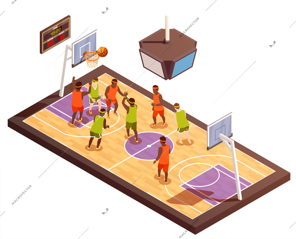 Basketball isometric composition with hardwood playground and human characters of team members with hoops and scoreboard vector illustration