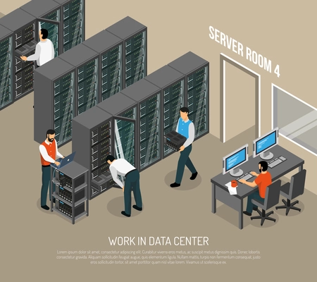 Work in data center isometric vector illustration with programmer at working place and engineers configuring equipment