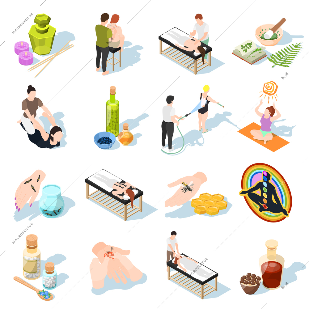 Alternative medicine isometric icons set of patients and accessories for aromatherapy apitherapy yoga phytotherapy hydrotherapy leeches healing vector illustration