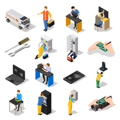 Service centre isometric icons set with gadgets  household, appliances tools and personnel engaged in installation and adjusting of equipment isolated vector illustration