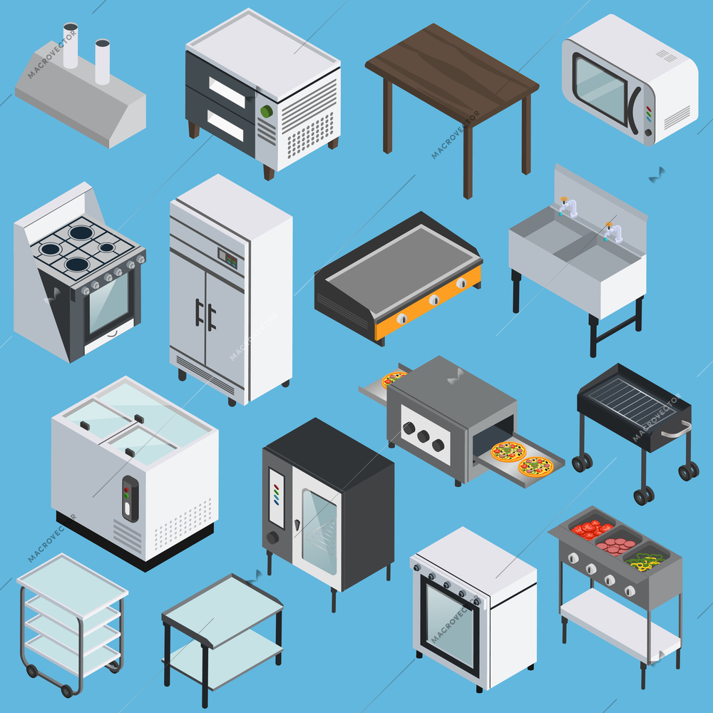 Professional kitchen furniture equipment appliances  with microwave grill refrigerator range stove isometric icons collection isolated vector illustration