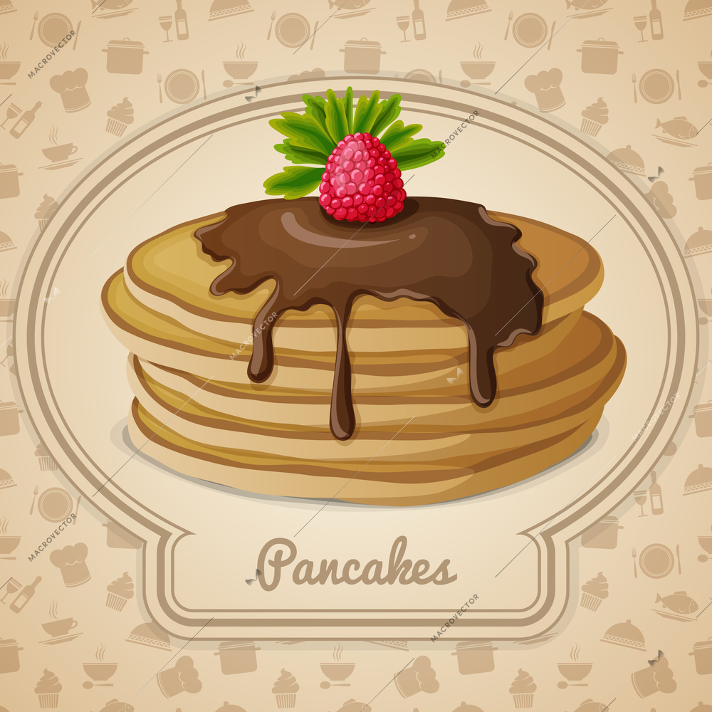 Baked pancakes dessert bakery emblem and food cooking icons on background vector illustration