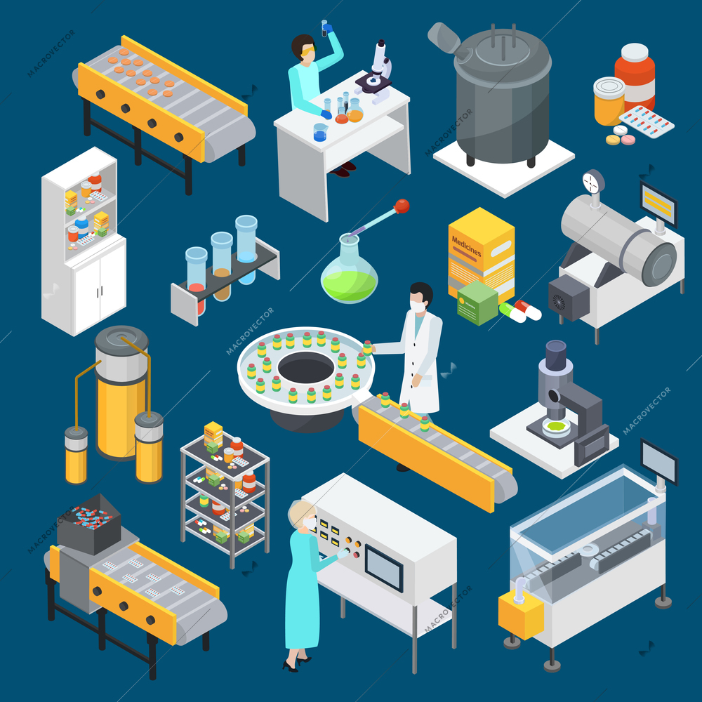 Modern pharmaceutical industry drug production isometric icons collection with scientific research and manufacturing facilities isolated vector illustration