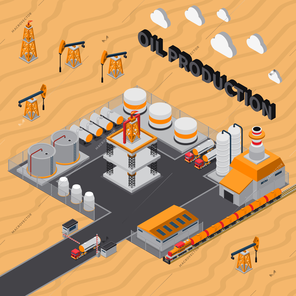 Oil production isometric composition with industrial buildings, derricks, tanks for storage, transportation on desert background vector illustration