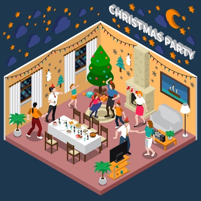 Christmas party isometric composition with dancing people, year tree, holiday decorations on wall, interior objects vector illustration